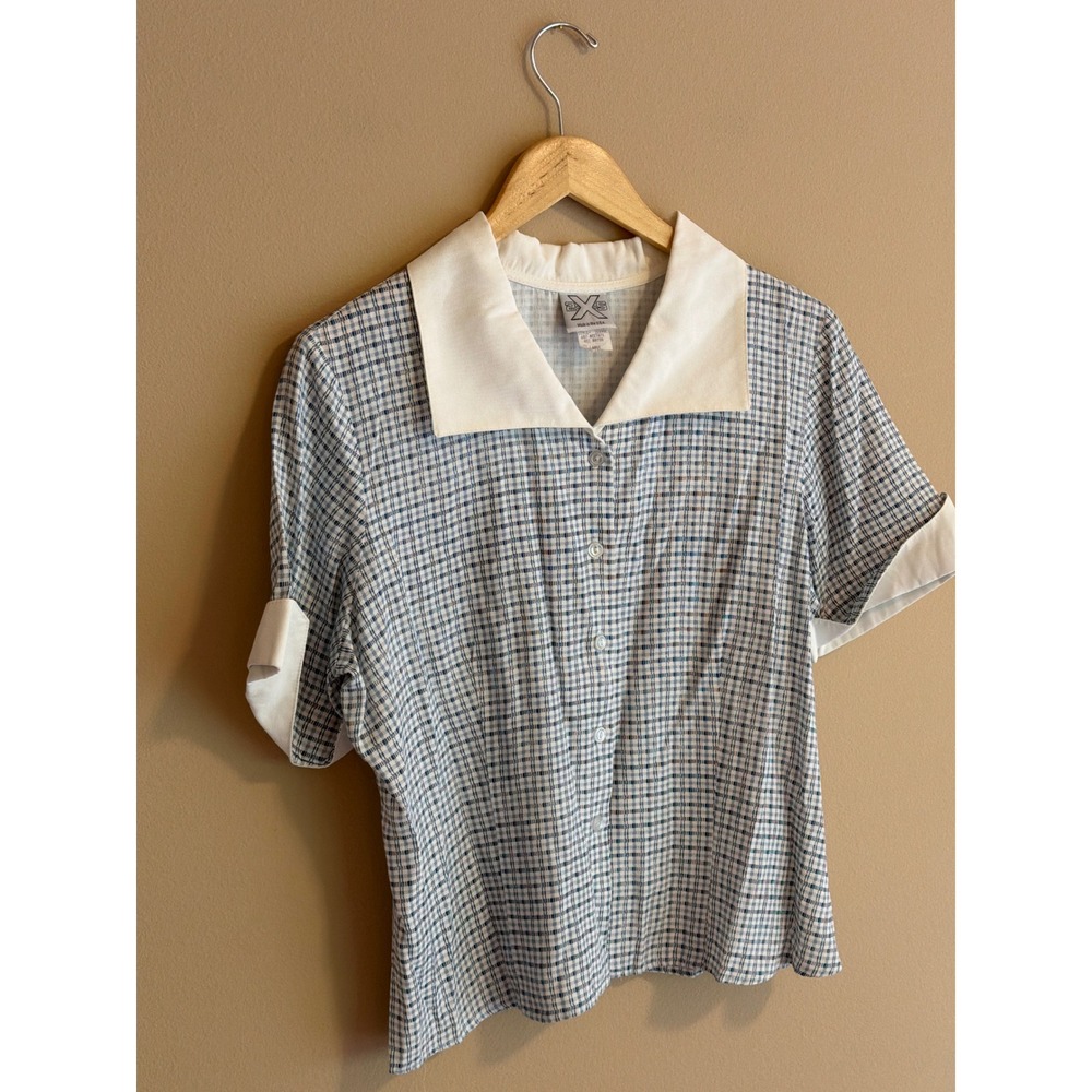 Vintage Blue White Plaid Button Up Blouse Camp Collar Short‎ Sleeve Large USA